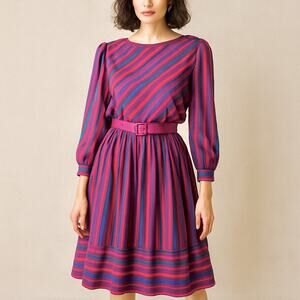 Vintage 80s Nancy Wheeler Preppy Striped Romantic Dress Belt Cottage Retro 6